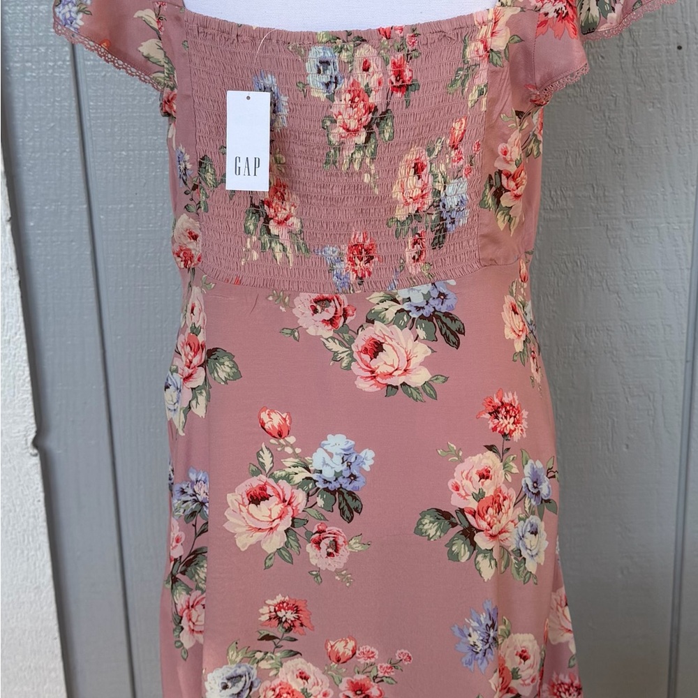 New GAP Dusty rose Pink Floral Midi flowy peasant coquette smocked panel Dress M - Picture 5 of 9